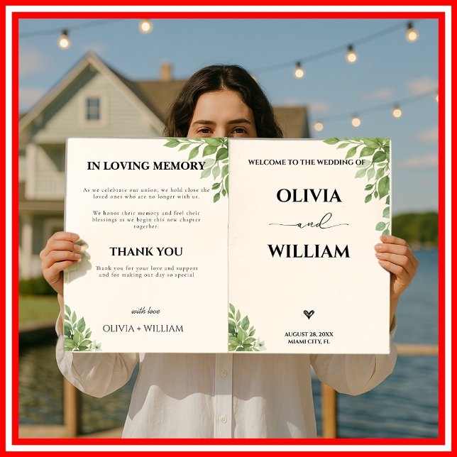 Sage Green Greenery Order of Event Wedding Program (Creator Uploaded)