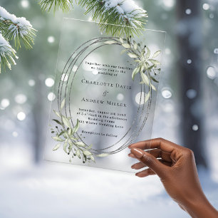 Sage green greenery silver frame clear wedding acrylic invitations