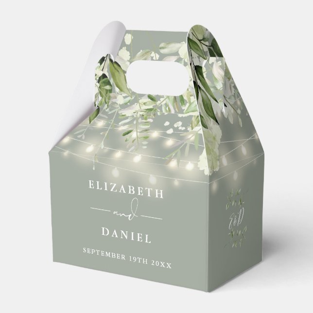 Sage Green Greenery String Lights Monogram Wedding Favour Box (Front Side)