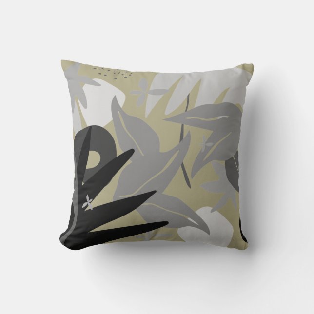 Sage Green  & Grey Artistic Abstract Leaves Cushion (Front)