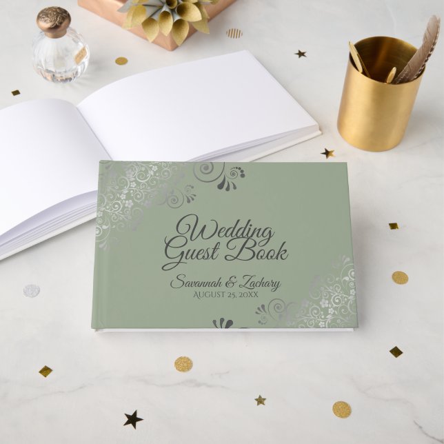 Sage Green & Grey Frilly Filigree Elegant Wedding Guest Book (Front Open)