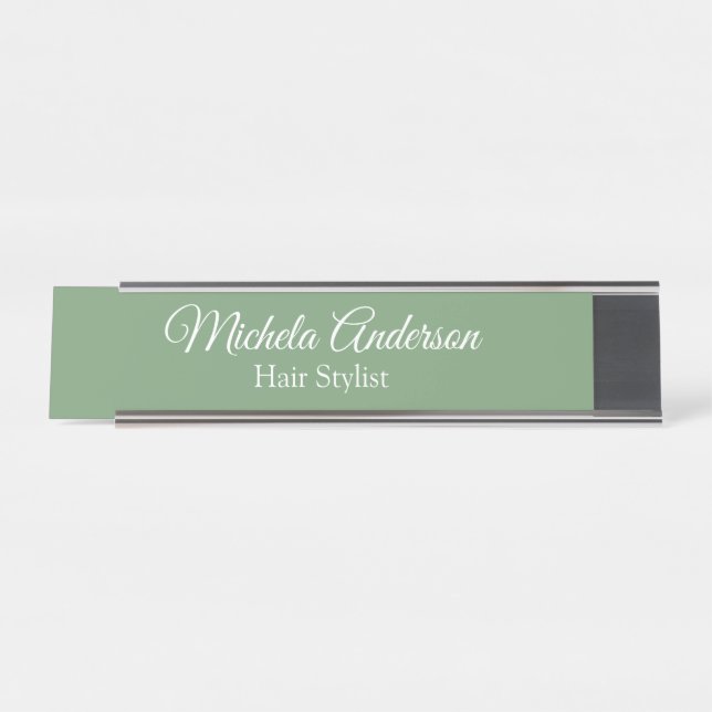 Sage green hair stylist add name contact website desk name plate (Front)