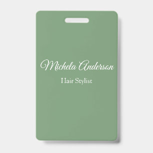 Sage green hair stylist add name contact website ID badge