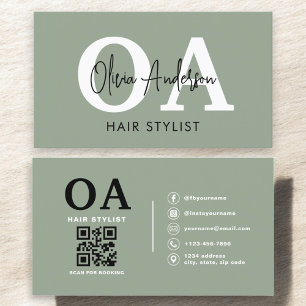 Sage Green Hair Stylist QR Code Monogram Business Card