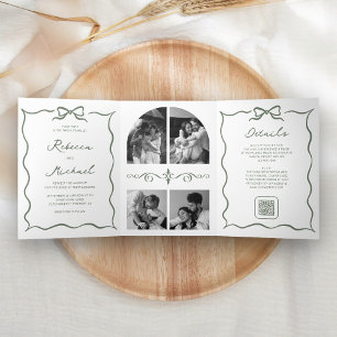 Sage Green Hand Drawn Bow QR Code Photo Wedding Tri-Fold Invitation