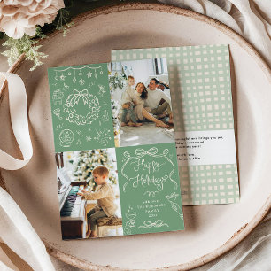 Sage Green Hand Drawn Bows Happy Holidays 2 Photo Holiday Card