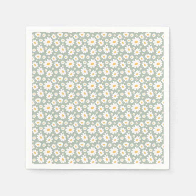 Sage Green Hand Drawn Daisy Pattern Napkin (Front)