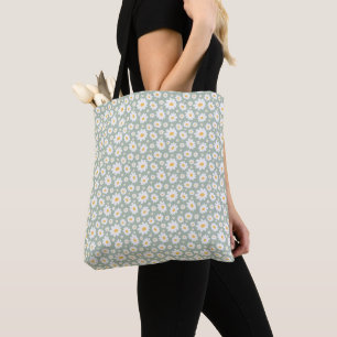 Sage Green Hand Drawn Daisy Pattern Tote Bag