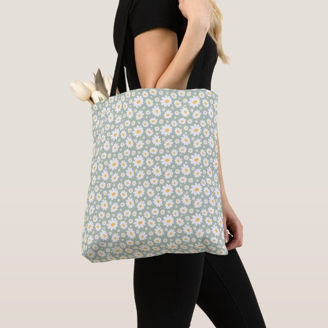 Sage Green Hand Drawn Daisy Pattern Tote Bag (Close Up)