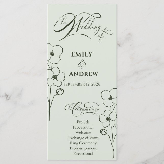 Sage Green Hand Drawn Floral Botanical Wedding Program (Front)