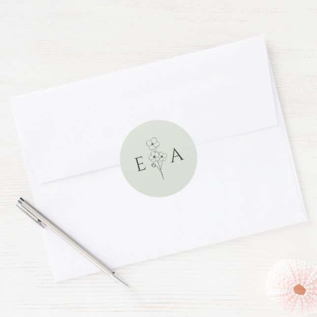 Sage Green Hand Drawn Floral Monogram Wedding Classic Round Sticker (Envelope)
