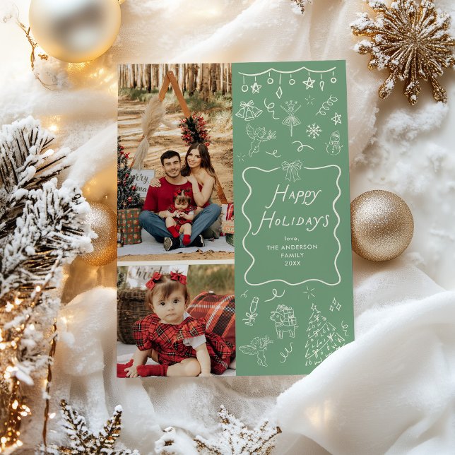 Sage Green Hand Drawn Icons Happy Holidays 2 Photo Holiday Card (Creator Uploaded)