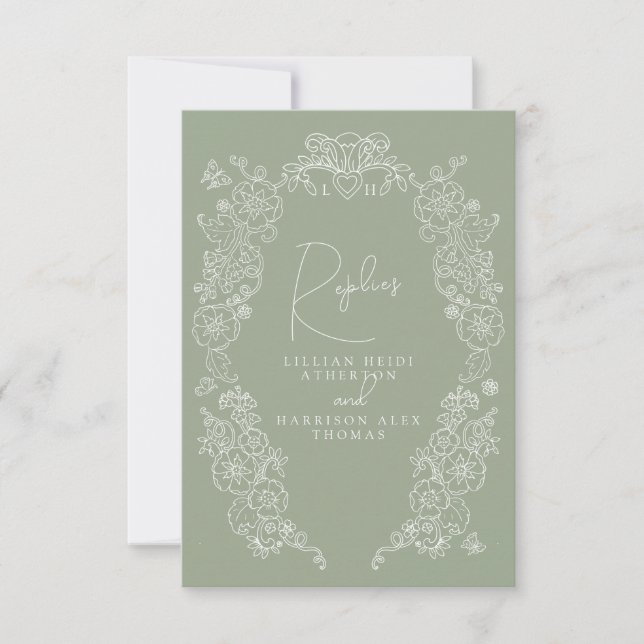 Sage green hand drawn leaf monogram RSVP wedding (Front)