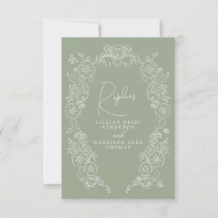 Sage green hand drawn leaf monogram RSVP wedding Card