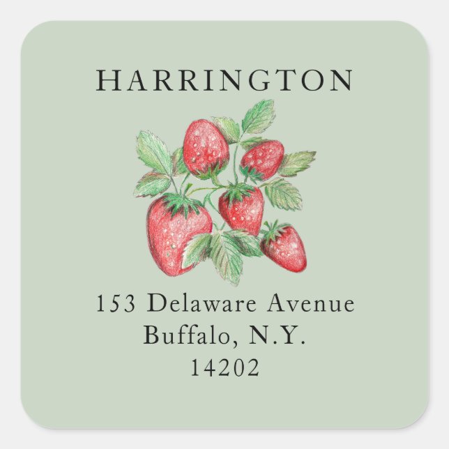 Sage Green Hand-Drawn Strawberry Return Address Square Sticker (Front)