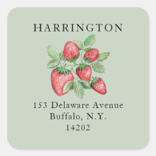 Sage Green Hand-Drawn Strawberry Return Address Square Sticker