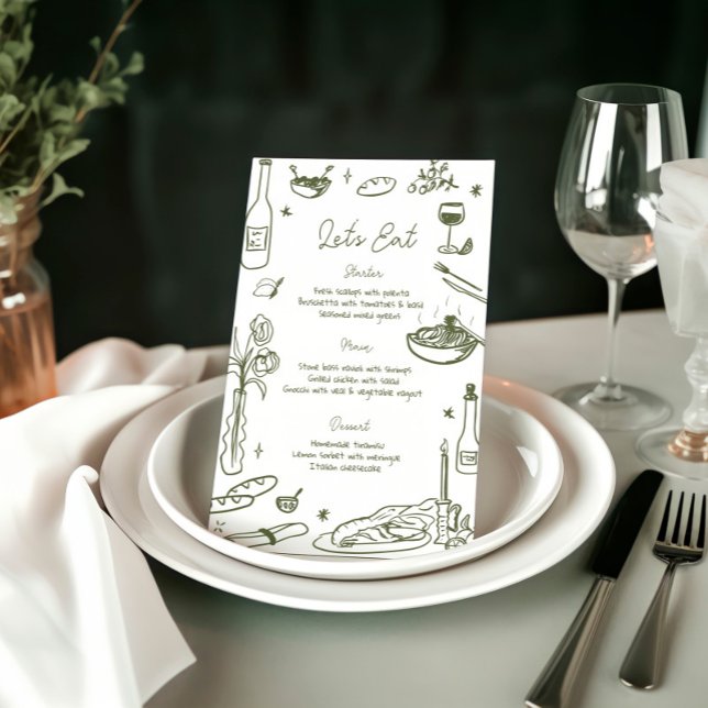 Sage Green Hand Drawn Whimsical Wedding Menu (Creator Uploaded)