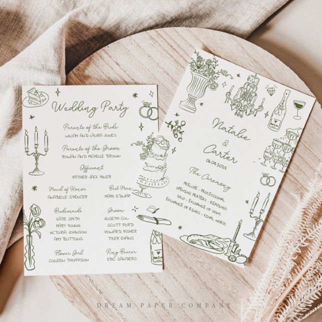 Sage Green Hand Drawn Whimsical Wedding Program (Creator Uploaded)