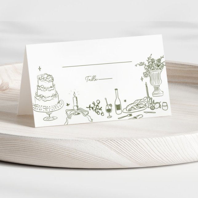 Sage Green Hand Drawn Whimsical Wedding Thank You Place Card (Creator Uploaded)