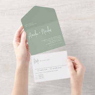 Sage Green Handwriting Modern Typography Wedding All In One Invitation