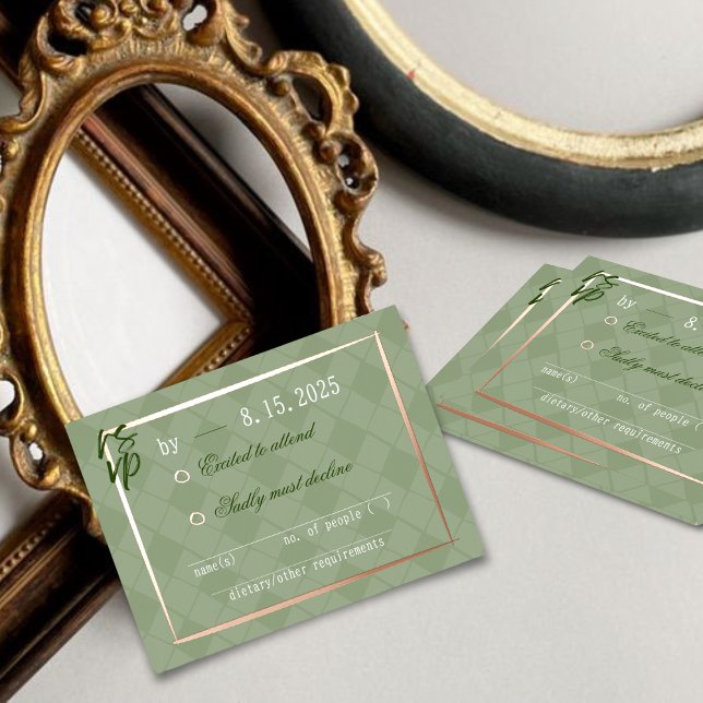 Sage Green Harlequin Wedding RSVP—Response Insert Foil Holiday Postcard (Creator Uploaded)