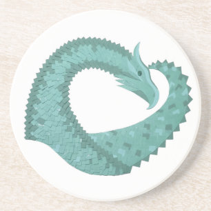 Sage green heart dragon on white coaster