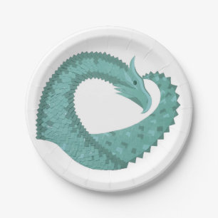 Sage green heart dragon on white paper plate