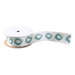 Sage green heart dragon on white satin ribbon