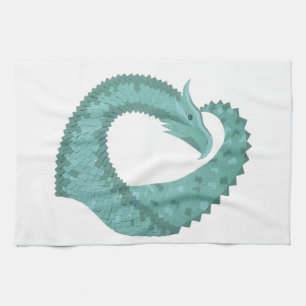Sage green heart dragon on white tea towel