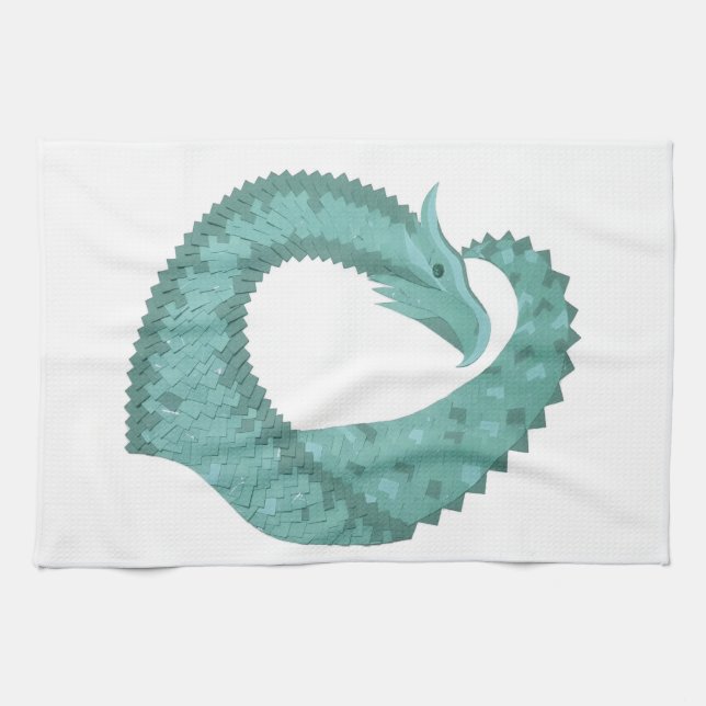 Sage green heart dragon on white tea towel (Horizontal)