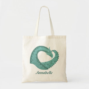 Sage green heart dragon on white tote bag