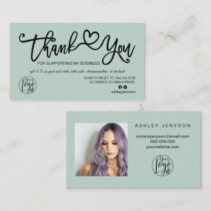 Sage green heart photo logo order thank you business card