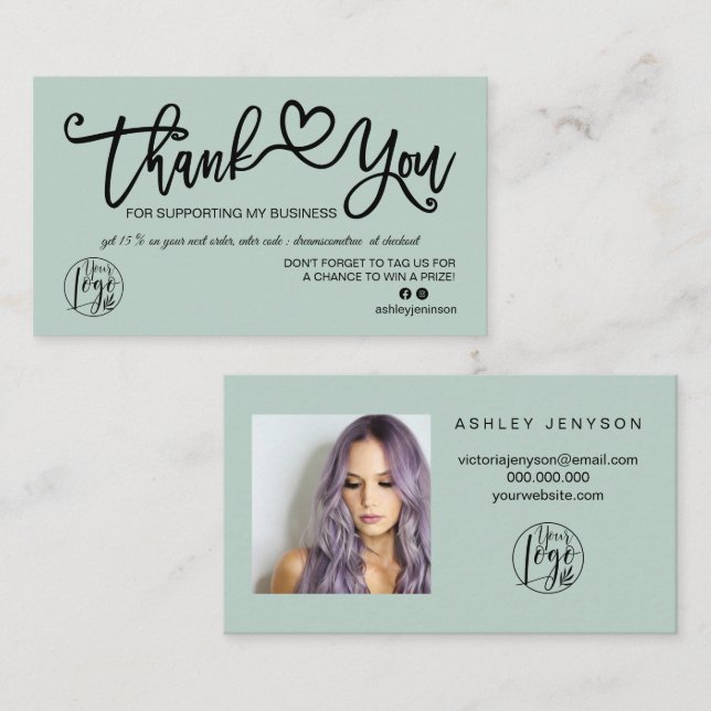 Sage green heart photo logo order thank you business card (Front/Back)