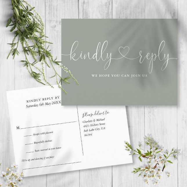 Sage Green Heart Script Song Request RSVP Invitation Postcard (Creator Uploaded)