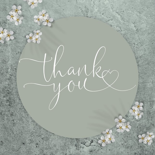 Sage Green Heart Script Thank You Classic Round Sticker (Sage Green Heart Script Thank You Classic Round Sticker)