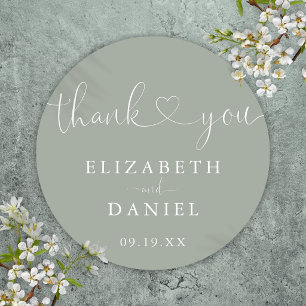Sage Green Heart Script Thank You Wedding Favour Classic Round Sticker
