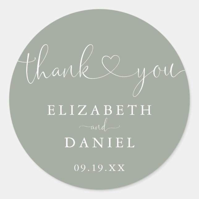 Sage Green Heart Script Thank You Wedding Favour Classic Round Sticker (Front)