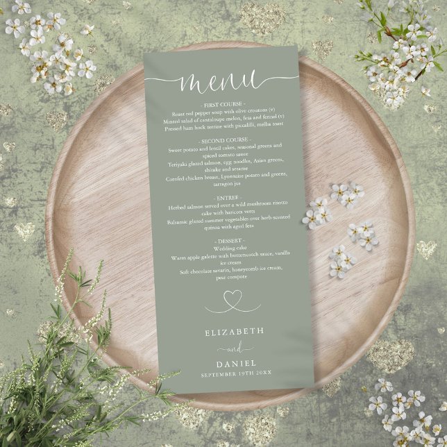 Sage Green Heart Script Wedding Dinner Menu (Sage Green Heart Script Wedding Dinner Menu)