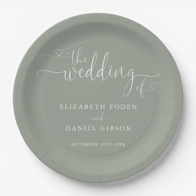 Sage Green Heart Script Wedding Paper Plate (Front)