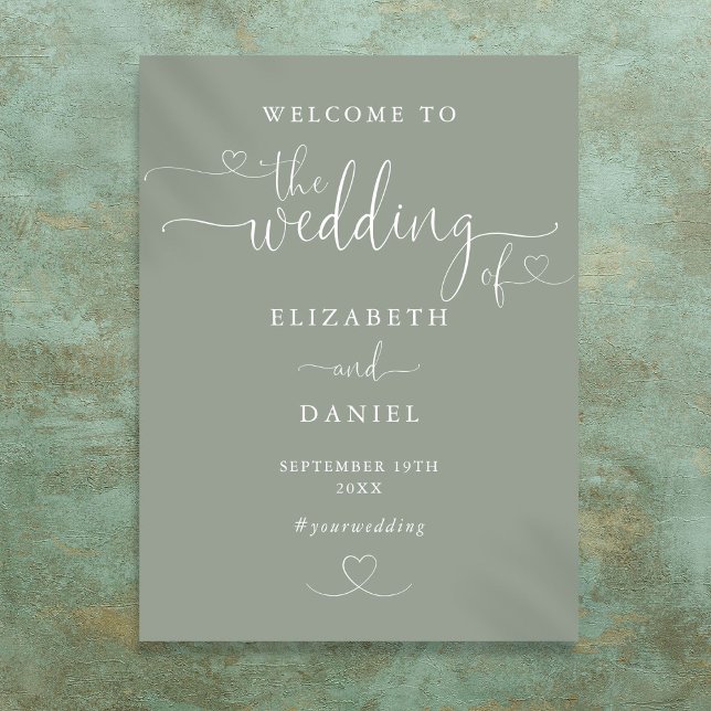 Sage Green Heart Script Wedding Welcome Sign (Sage Green Heart Script Wedding Welcome Sign)