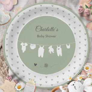 Sage Green Hearts Boho Gender Neutral Baby Shower Paper Plate
