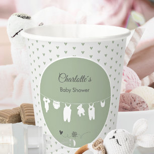 Sage Green Hearts Boho Minimalist Baby Shower Paper Cups