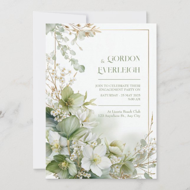 Sage Green Hellebore Botanical Gold Frame Wedding Invitation (Front)