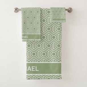 Sage Green Hexagon Honeycomb Pattern Name Bath Towel Set