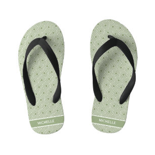 Sage Green Hexagon Honeycomb Pattern Name Kid's Thongs