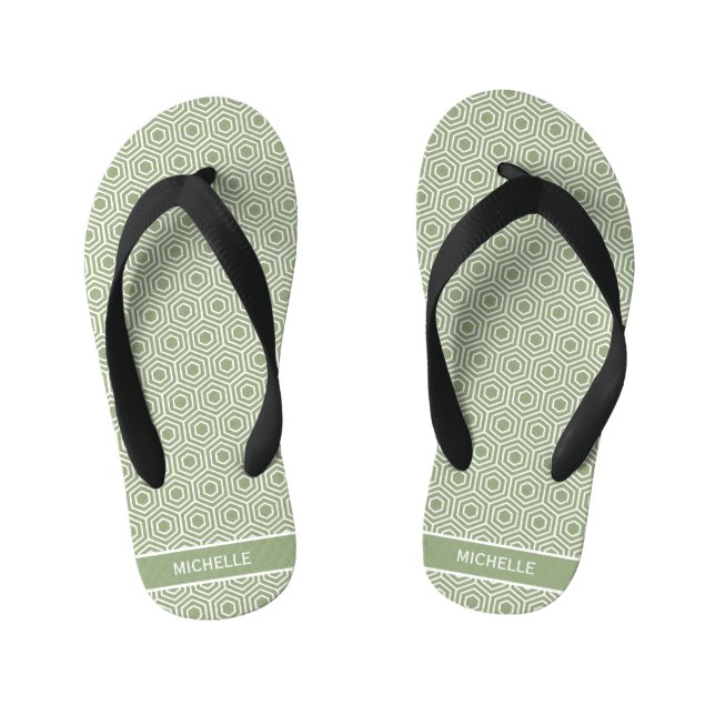 Sage Green Hexagon Honeycomb Pattern Name Kid's Thongs (Footbed)