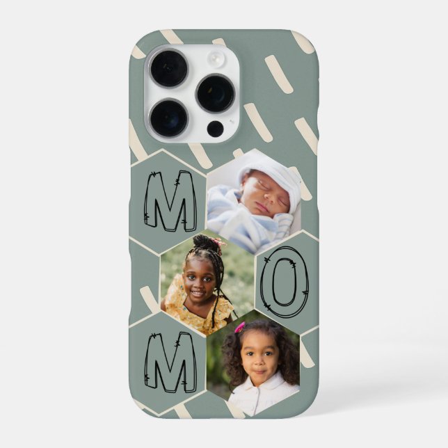 Sage green hexagon Mum Photo Collage iPhone Case (Back)