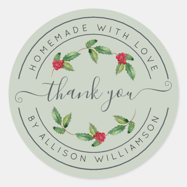 Sage Green Holly Christmas Thank You Classic Round Sticker (Front)