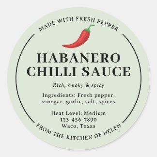Sage Green Homemade Habanero Chilli Sauce Jar Labe Classic Round Sticker
