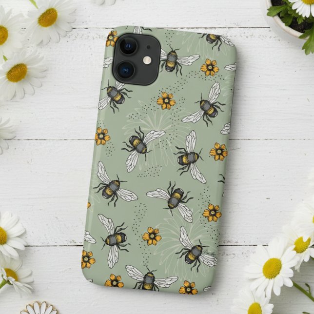 Sage Green Honeybee and Flowers Pattern Case-Mate iPhone Case (Botanical Sage Green Hand Drawn Honeybees, Daisy, Cosmos Flower Floral Pattern Phone Cases for Her)